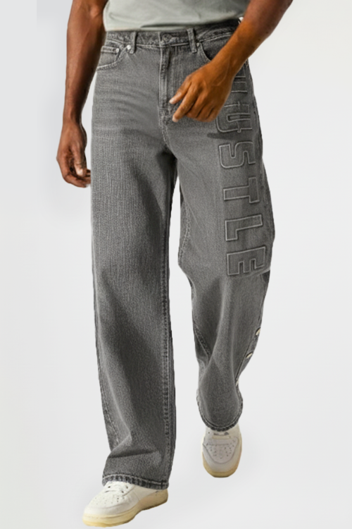 Wide Leg Baggy Embossed & Snap at Outseam